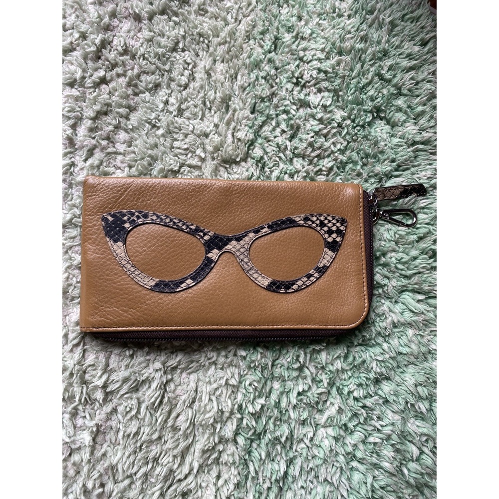 ili New York leather eyeglass case zipper closure tan cat eye retro python